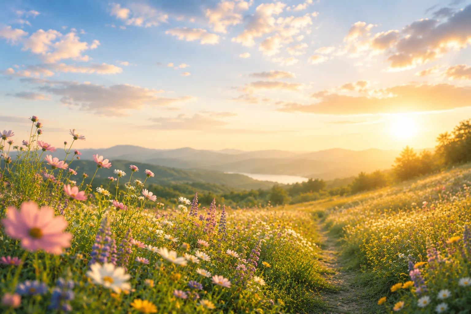 Wildflower meadow at golden hour — a path leading through fields of pink, white and yellow flowers toward a luminous sunset